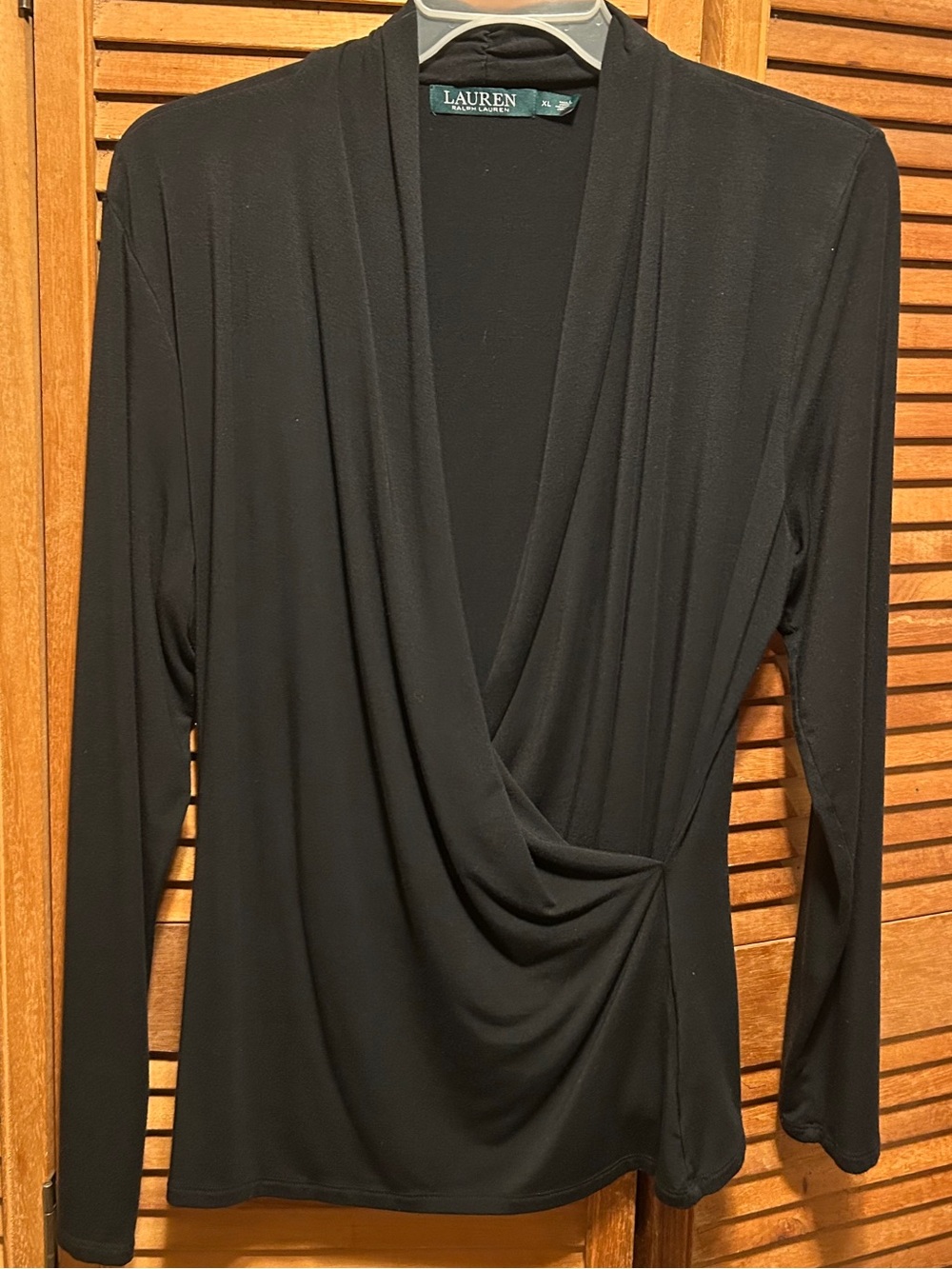 Lauren Ralph Lauren Black Stretchy Shawl Collar Faux Wrap Top